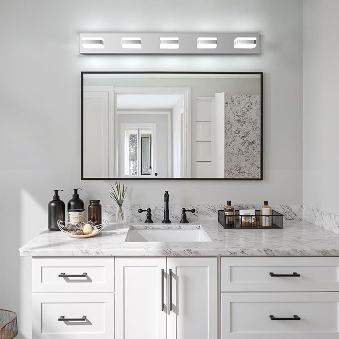 Bathroom Lighting Fixtures Over Mirror, 5 Light Bathroom Vanity Light Fixtures with Cool White 5000K, Silver LED Modern Vanity Wall Lights for Bath, Dressing Room, Restroom, 37.4 inch