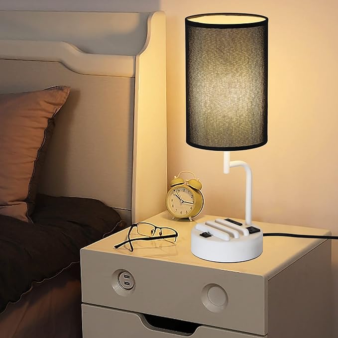 Dreamholder Table Lamp with 3 USB Charging Ports, Modern Desk Lamp with AC Outlet and Phone Stands, Perfect Bedside Lamp for Bedroom, Living Room, Office (Pack of 2), White&Black