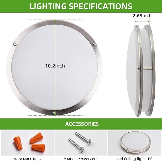Hlite 24W 10inch LED Flush Mount Ceiling Light Fixture,1800LM Super Bright Light Fixture Ceiling Mount,LED Ceiling Light Flush Mount for Bedroom,Kitchen,Bathroom,5000K Daylight White,Nickel (1Pack)