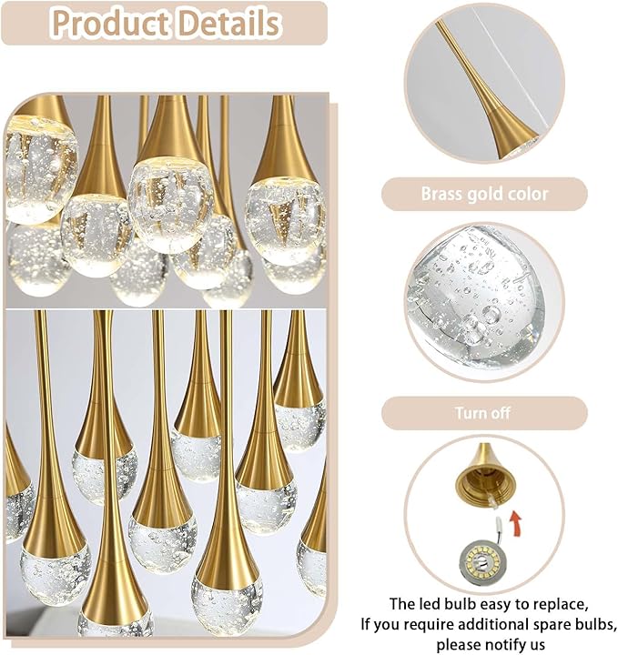 ykolupty Rectangular Chandeliers for Entryway Gold Dining Room Lights Fixture Raindrop Crystal Chandelier for Staircase Hallway Foyer