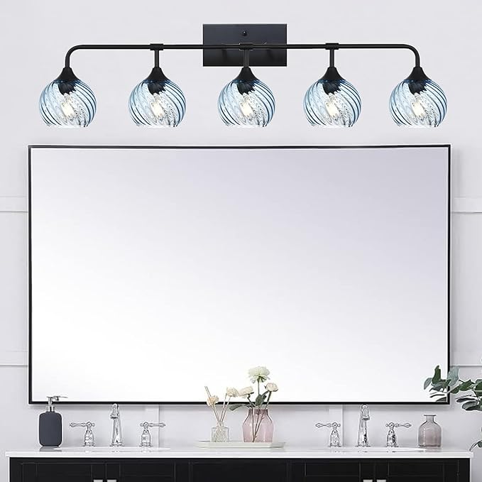 MELUCEE 5-Light Bathroom Light Fixtures 42 Inches, Matte Black Vanity Lights with Blue Striped Swirl Glass Shade, Mid-Century Modern Bathroom Vanity Light Over Mirror