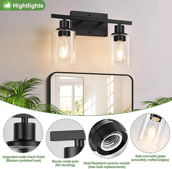 Indoi Matte Black 2-Light Bathroom Vanity Light with Clear Glass Shades — Modern Bathroom Light Fixtures & Vanity Lights for Mirror