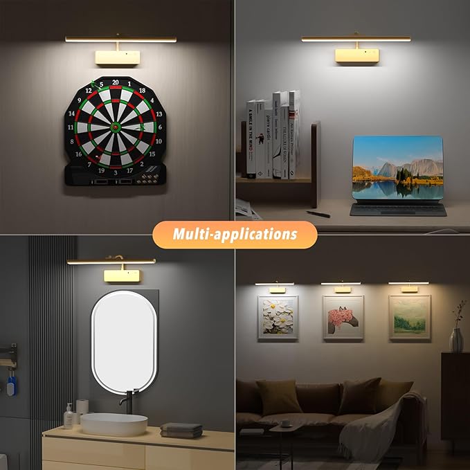 Lightbiz Picture Light, 15.35inch 5400mAh Rechargeable Picture Lights for Wall Battery Operated Wall Lights, 3 Colors Paintings Light Dimmable Art Light for Artwork, Gallery (Gold)