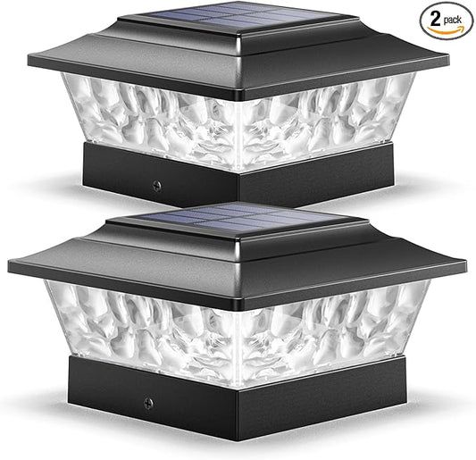 SIEDiNLAR Solar Post Lights Outdoor 12 LEDs 4 Modes Post Cap Light for 4x4 5x5 6x6 Wooden Vinyl Deck Fence Posts Patio Garden Decor, Warm/Cool White Dynamic Lighting (2 Pack, Black)