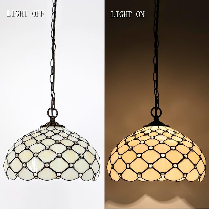 Tiffany Pendant Light Plug in Stained Glass Hanging lamp 12X12X181 Inch Hanging Lamp Living Room Bedroom Kitchen Dining Room Office(Cream Bead)