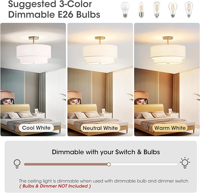 Fabric Semi Flush Mount Lighting Fixture, Modern Semi Chandeliers, 2 Tier Drum Ceiling Light, White Fabric Shade 3-Light for Kitchen Island Bedroom Hallway Foyer, E26, W16xH14