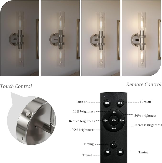 Rechargeable Battery Operated Wall Sconce Set of 2, 10000mAh Cordless Wall Lights with Dimmable, Timer Function, 3000K Warm White, Easy Install for Living Room, Bedroom, Nickel, Bulbs Included