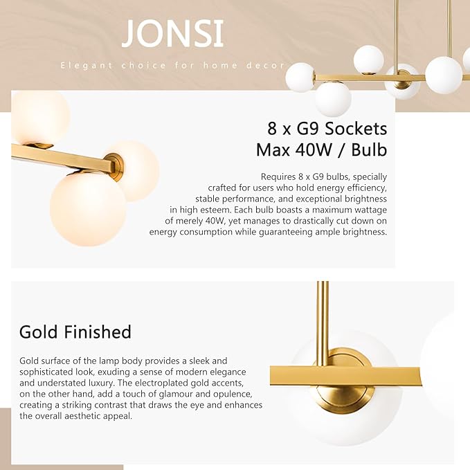 Jonsi Dining Room Light Fixture Over Table, Mid Century Chandeliers, Modern 8 Lights Globe Glass Linear Chandelier Adjustable Ceiling Hanging for Living Dining Room Kitchen Island, Gold