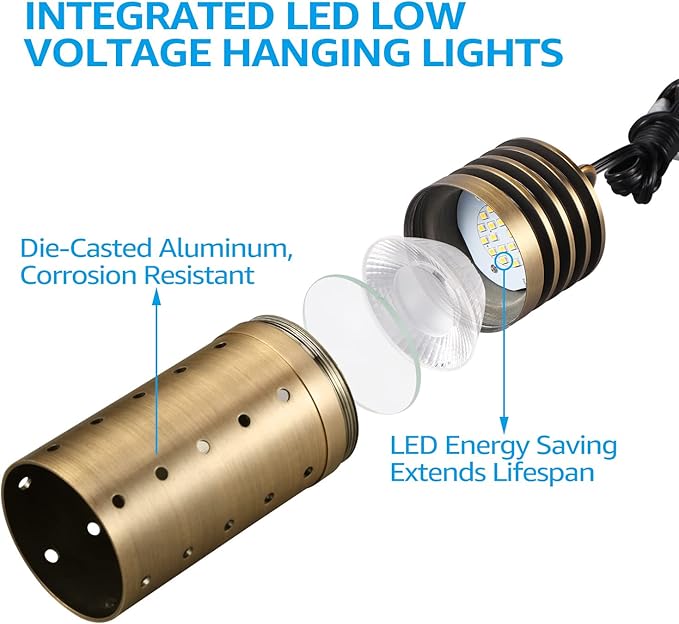 LEONLITE Low Voltage Hanging Lights Outdoor, LED Landscape Pendant Lights, UL Listed, 12V Hanging Tree Light for Gazebo, Pergola, Garden, Aluminum, IP65, 2700K Soft White, Brass Bronze, Pack of 4