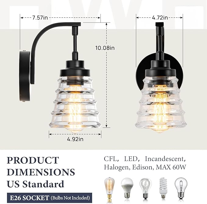 Modern Black Wall Sconce Light, 1-Light Bathroom Vanity Light with Clear Glass Shade for Mirror, Indoor Wall Mounted Fixture for Bedroom, Hallway, Entryway