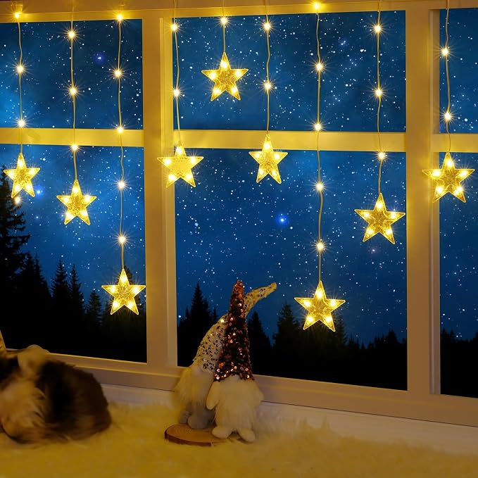 Christmas Window Lights, 76LEDs 9 Star Curtain Lights, Warm White&Multicolor, IP65 Waterproof, Timer & Memory Function, 8 Modes Indoor/Outdoor Decoration for Xmas, Birthday, Wedding, Bedroom