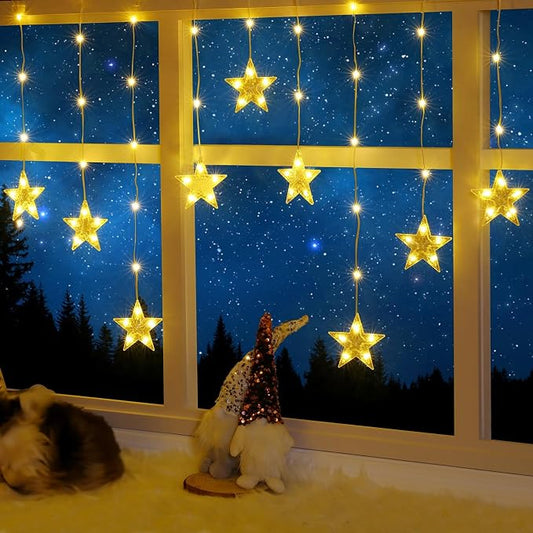 Christmas Window Lights, 76LEDs 9 Star Curtain Lights, Warm White&Multicolor, IP65 Waterproof, Timer & Memory Function, 8 Modes Indoor/Outdoor Decoration for Xmas, Birthday, Wedding, Bedroom