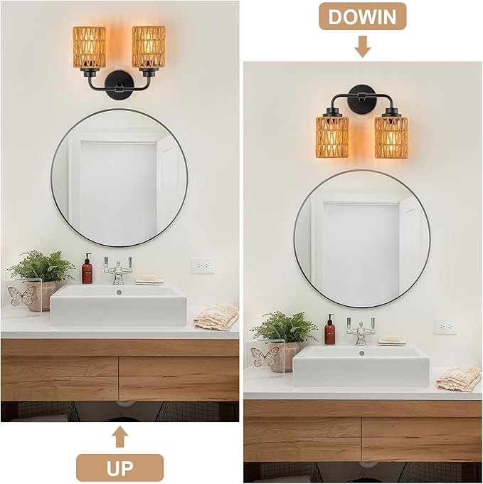 Bathroom Light Fixtures, Rustic 2-Light Vanity Lights Over Mirror Farmhouse Wall Mounted Light Natural Style Wall Lamp Boho Lighting Fixture Rattan Wall Sconce for Bedroom