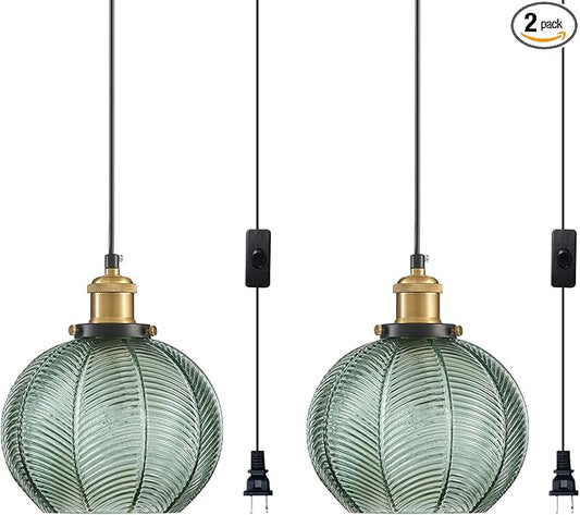 Modern Plug in Hanging Light 2-Light, 7.8 Inch Glass Pendant Light with Plug 14.76 FT Adjustable in Cord, Vintage Green Hanging Lamp for Dining Room Bedroom Kitchen Island Bathroom E26