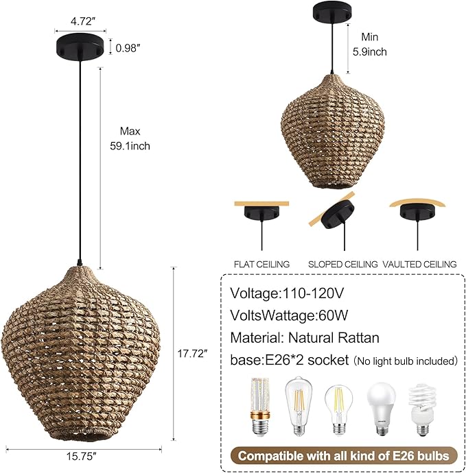 15.75" Rattan Pendant Light,2-Light Boho Hand Woven Coastal Wicker Hanging Ceiling Chandeliers,for Kitchen Island, Dining Room, Farmhouse,Foyer