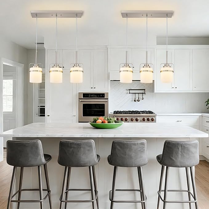 Nickel 3-Light Pendant Lighting, Adjustable Hanging Light Fixture with Milk Glass Shade, Modern Pendant Light for Kitchen Island Dining Room Bar Over Sink/Table/Counter