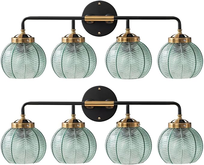 2-Pack Glass Wall 4-Lights Bathroom Vanity Light fixtures Green Glass Globe Shade Mid Century Modern Light Fixture Black Large Wall Sconce for Over Mirror Bath Living Room Cabinet