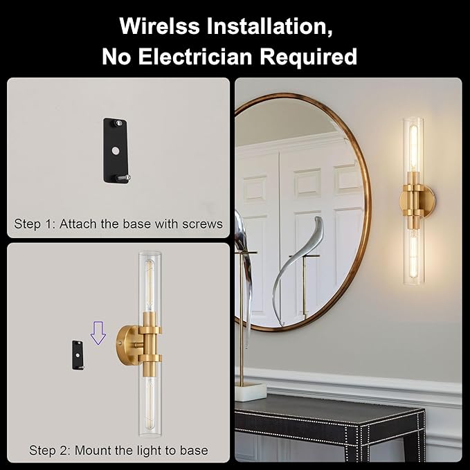 SANTOSTOCK Gold Battery Operated Wall Sconce Set of 2, 12000mAh Rechargeable Wall Lights with Remote Control, Wireless Dimmable Wall Lamps for Bedroom Living Room Bathroom Hallway Stairwell