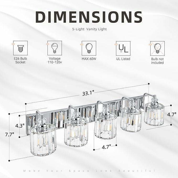 5-Light Modern Bathroom Light Fixture Chrome Bathroom Vanity Lights Over Mirror Wall Sconce Lighting with K9 Crystal Shades E26 Base for Bedroom, Living Room, Hallway Wall Lamp