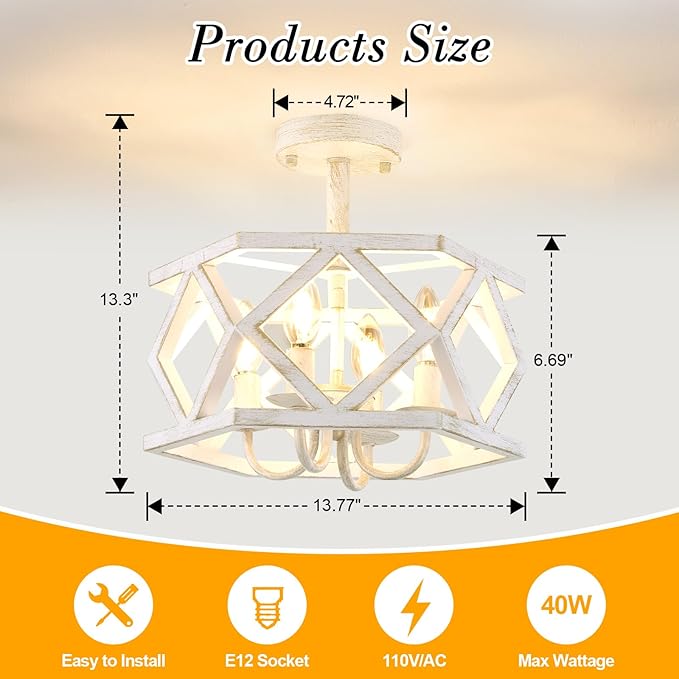 Antique White Semi Flush Mount Ceiling Light, Modern Foyer Lighting Fixture, 4-Light Metal Ceiling Lamp, Small Farmhouse Chandelier for Hallway Entryway Porch Bedroom Kitchen