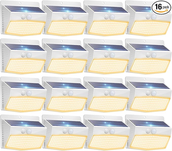 Peasur 16 Packs Solar Outdoor Lights Motion Sensor Solar Security Lights Waterproof with 3 Lighting Modes Solar Powered Wall Lights Outside for Garden Fence Yard Deck, Warm White