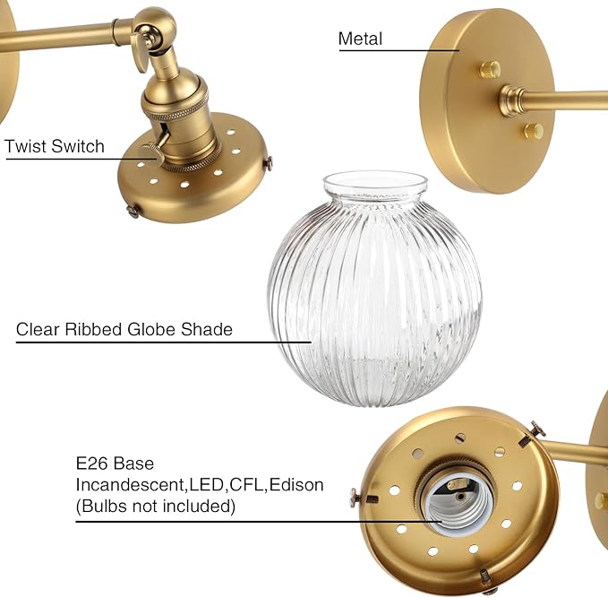 PERMO Vintage Industrial Wall Sconce Lighting Fixture with Mini 5.9" Round Clear Globe Ribbed Glass Shade (Antique Brass Gold)