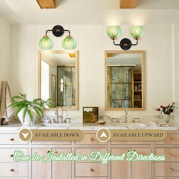 2-Lights Bathroom Wall Light Fixtures Modern Vanity Light with Leaf Texture Glass Globe Shades Emerald Green Mid Century Modern Wall Lamp Sconce for Over Mirror Living Room Cabinet