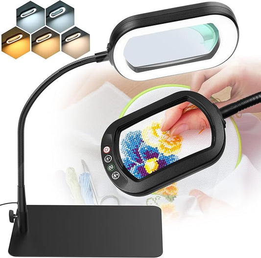 IVMAIE 10X Magnifying Glass with Light and Stand LED Magnifier with Light Hands Free Lighted Magnifying Desk Lamp Dimmable for Close Work Craft Read Cross Stitch Sewing Repair Hobby Rectangular