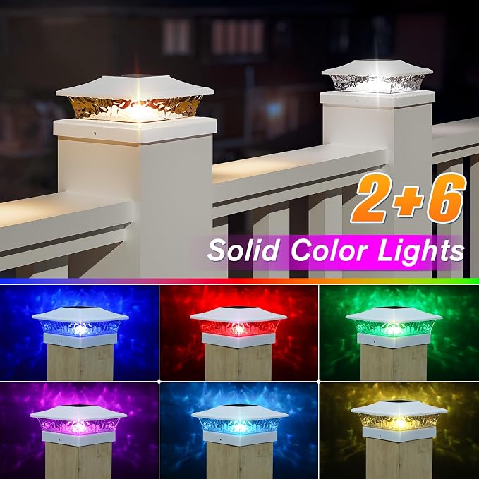 APONUO Solar Post Cap Lights with 8 RGB Solid Colors & Multicolor Flow - 16 Pack Fence Post Solar Lights, IP65 Waterproof - Fits 4x4 5x5 6x6 Wood & Vinyl Posts - White