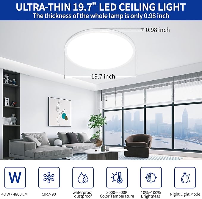 20 Inch Large Flush Mount Ceiling Light Fixture, Dimmable with Remote Control, White, Ultra Thin, 48W 4800Lumen, for Bedroom, Living Room, Kitchen, Dining Room, Home Office