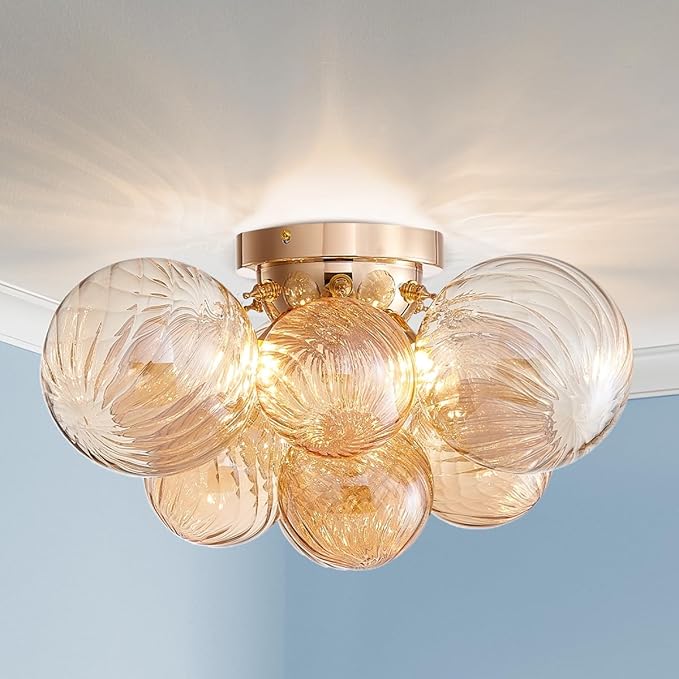 AGV LIGHTING Modern Bubble Glass Flush Mount Ceiling Light Fixture, Gold 4-Light Ceiling Chandelier with Amber Textured Glass Globe Shades, 18” Living Room Bedroom Dining Room Lighting