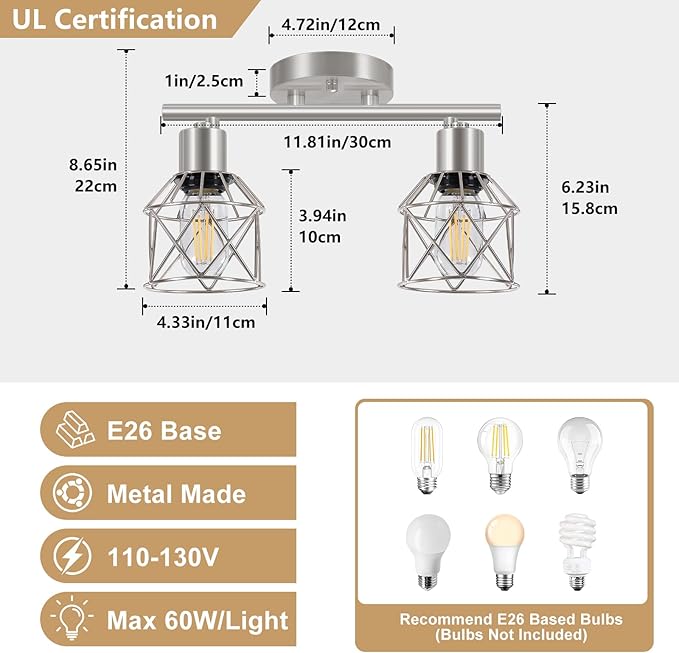 2-Light Brushed Nickel Semi Flush Mount Ceiling Light, Hallway Light Fixtures with Metal Wire Cage, Vintage Adjustable Track Spotlight Ceiling Fixtures for Dining Room, Farmhouse, Entryway