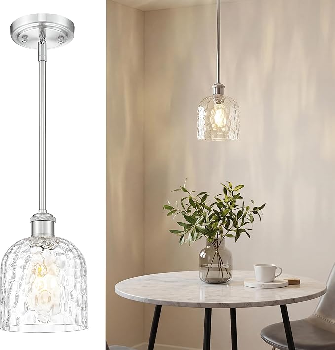 zeyu Industrial Pendant Light,1-Light Hanging Light Fixture Kitchen, Brushed Nickel Hanging Light with Clear Hammered Glass, ZJF63MIL-L BN