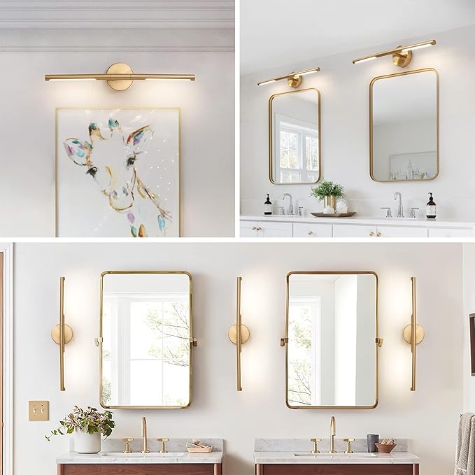 Gold Bathroom Light Fixtures Over Mirror 24 Inch, 18W 360° Rotatable Dimmable 4000K Led Brass Vanity Lighting Fixture, Brushed Gold Bathroom Vanity Lights Above Mirror