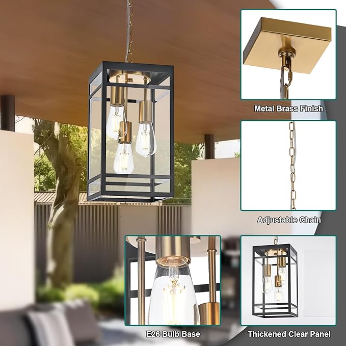 Large Outdoor Pendant Light Fixture for Porch, Black Brass Outdoor Hanging Lantern Pendant Light with Clear Glass, 3 Lights Exterior Porch Chandelier for Outside Patio,Front Door,Enterway