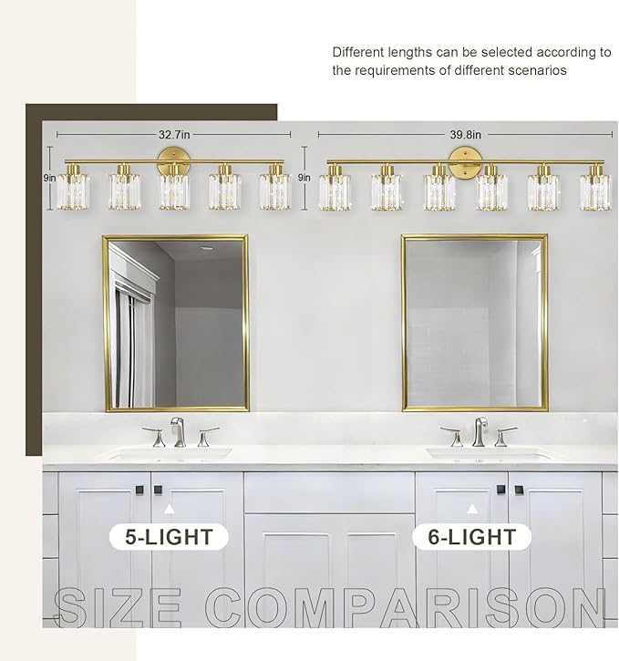 Crystal Bathroom Light Fixtures,Bathroom Lighting Fixtures Over Mirror, Modern 5-Light Gold Vanity Lights for Mirror, Restroom,Kitchen(Ceramic E26 Socket,Bulbs Not Include)