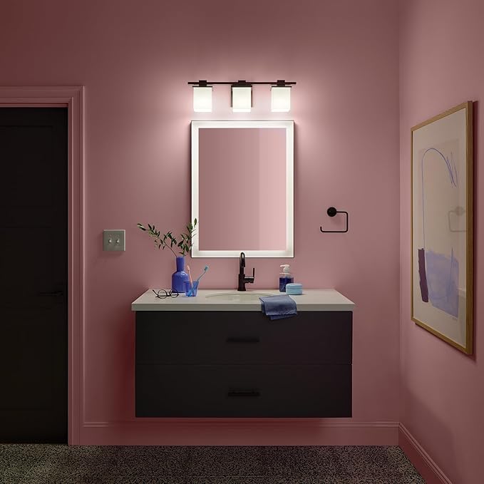 Kichler Tully 24" 3-Light Bathroom Vanity Light Fixture with Satin Etched Cased Opal Glass in Black for Over Mirror, Soft Modern Style (24" x 6.5" x 7"), 45151BK
