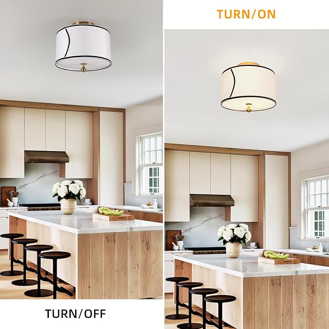 12.6" Drum-Shaped White Fabric Flush Mount Ceiling Light with 3-Light Fixture, Recessed Roll-in Installation, Ideal for Living Room, Bedroom, Bathroom, Farmhouse Foyer