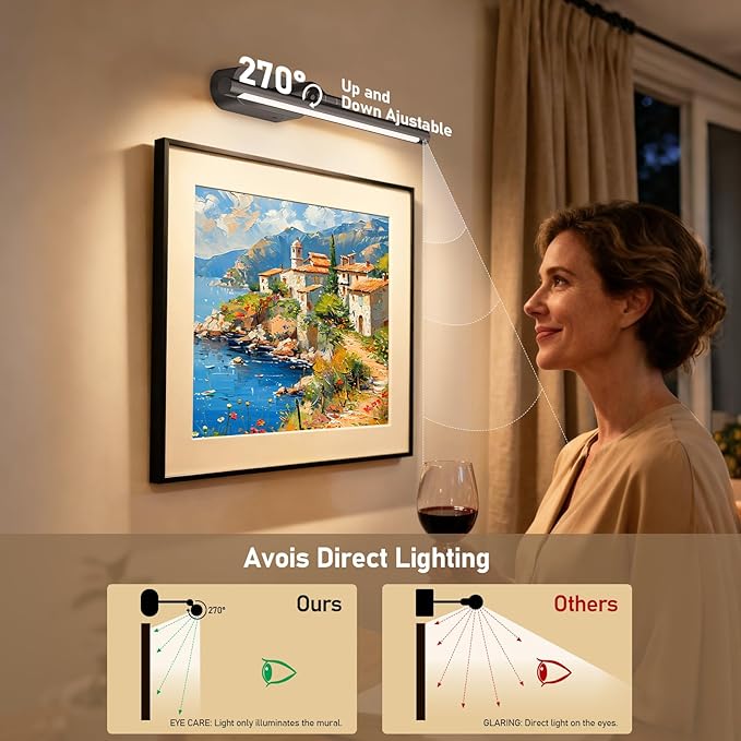 Glendan Wireless Picture Light for Wall: 16" Rechargeable Art Light with Remote & Timer, 5000mAh Battery Operated Poster Lights, 3 Color Modes & 3 Brightness Levels for Pictures, Gallery, Frame