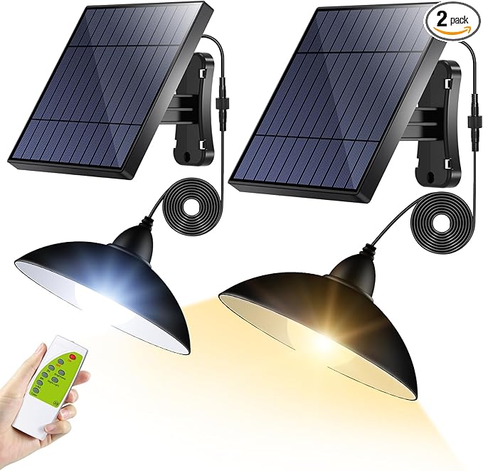 intelamp Solar Pendant Lights Indoor Outdoor, 2 Packs 4000mAh Gazebo Shed Chandeliers with Remote All Day/Night Mode 16.4Ft Hanging Warm White Lighting for Outside Barns Chicken Coop