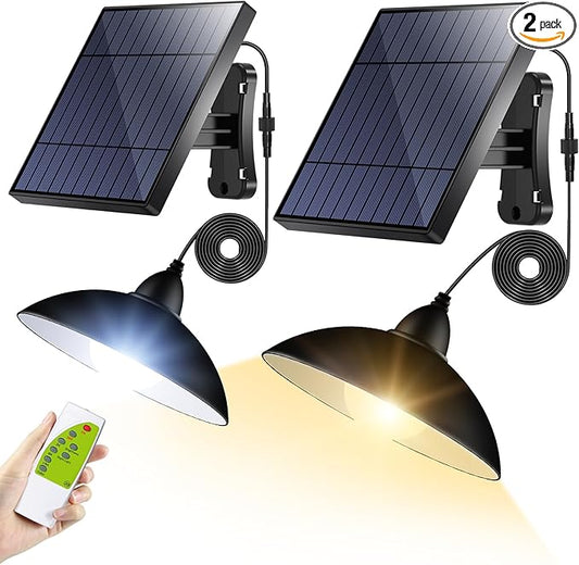 intelamp Solar Pendant Lights Indoor Outdoor, 2 Packs 4000mAh Gazebo Shed Chandeliers with Remote All Day/Night Mode 16.4Ft Hanging Warm White Lighting for Outside Barns Chicken Coop