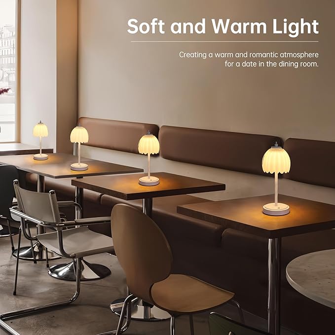 Shenmoyl Tulip Table Lamp with 5200mAh Battery & Touch Control, Cordless Small Table Lamp with 3 Colors, Dimmable Rechargeable Table Lamps for Living Room, Bedroom, Bedside (White Tulip & White Base)