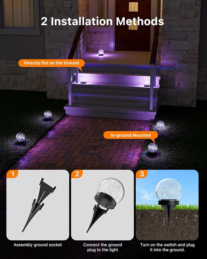 8 Pack Multicolor Solar Powered Cracked Glass Ball Lights Outdoor Waterproof LED RGB Ambiance Orbs Lamps for Outside Garden, Patio, Table, Walkway, Stairs, Lawn, Landscape Decor with Durable Stakes
