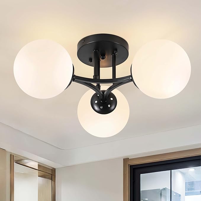 3-Light Sputnik Chandeliers Chandeliers Modern Semi Flush Mount Globe Ceiling Light Mid Century Ceiling Light Frosted Glass Matte Black Chandeliers for Hallway Laundry Bedroom Entryway Living