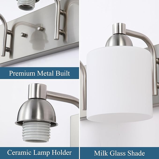 Mecgirn Stainless Steel Milk Glass Vanity Lights for Bathroom, 2 Light Brushed Nickel Bathroom Light Fixtures Over Mirror, Ceramic E26 Sockets Wall Mounted