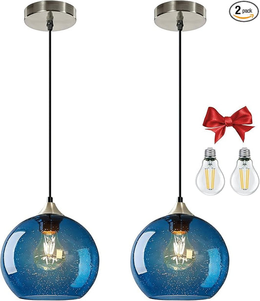 7.1in Medium Blue Glass Pendant Light for Kitchen Island, 2-Pack with Extra LED Bulbs & 4.92ft Adjustable Cord | Modern Minimalist Lighting for Dining Room, Living Room, Entryway