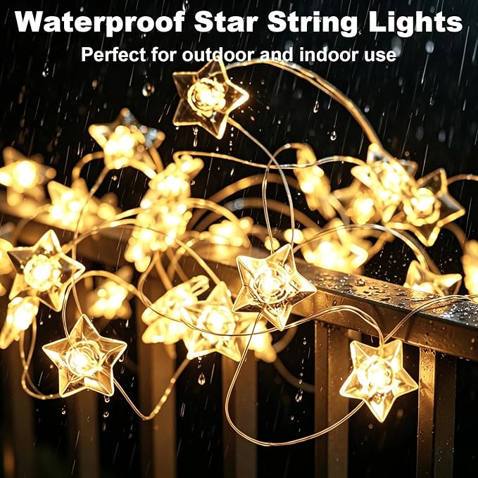 BOHON Star Fairy Lights Battery Operated 40 LED String Lights Warm White | 13 FT Warm White Star Garland Twinkle Lights for Bedroom Indoor Dorm Classroom Curtain Cute Room Wedding Decor, with Timer