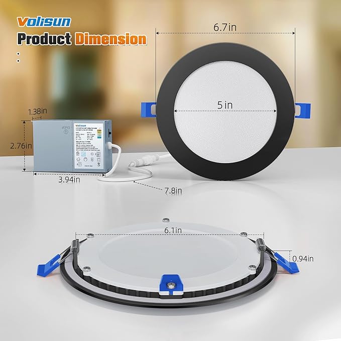 VOLISUN 12 Pack 6 inch Recessed Lighting, 5CCT LED Recessed Light Black, 2700K-5000K Selectable, 13W Eqv 120W, 1080LM Dimmable Canless Wafer Downlight, LED Ceiling Light ETL Certificated