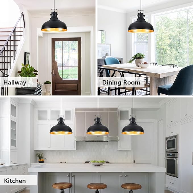 Refice 3 Pack Farmhouse Pendant Lights Black Pendant Lighting for Kitchen Island Adjustable Height Dome Hanging Lights for Barn, Dining Room
