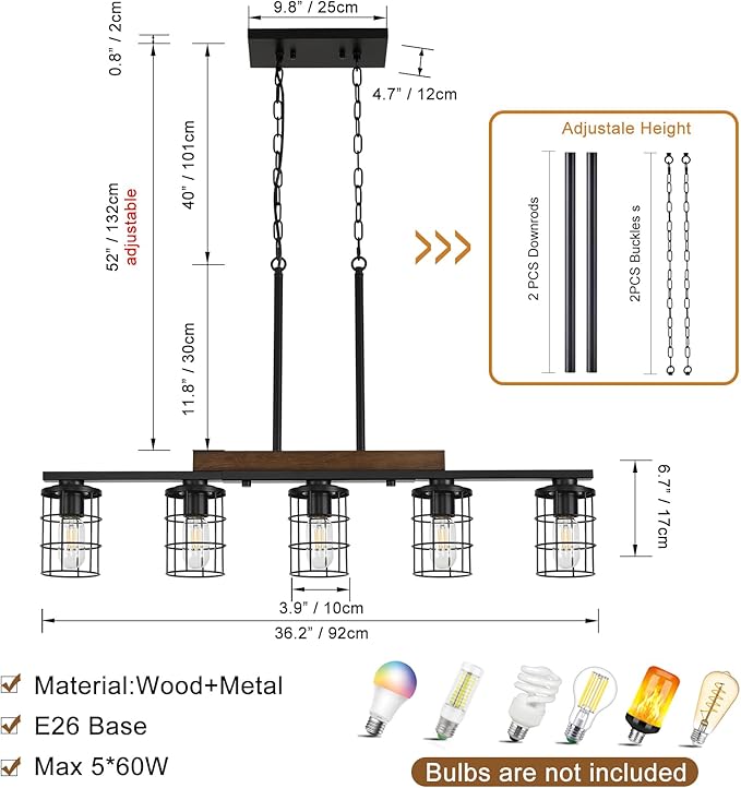 36" Farmhouse Kitchen Light Fixture, Black Hanging Kitchen Chandelier, 5-Light Rustic Dining Room Light Adjustable Height with Wood and Metal Frame, Suit for Farmhouse, Industrial Style
